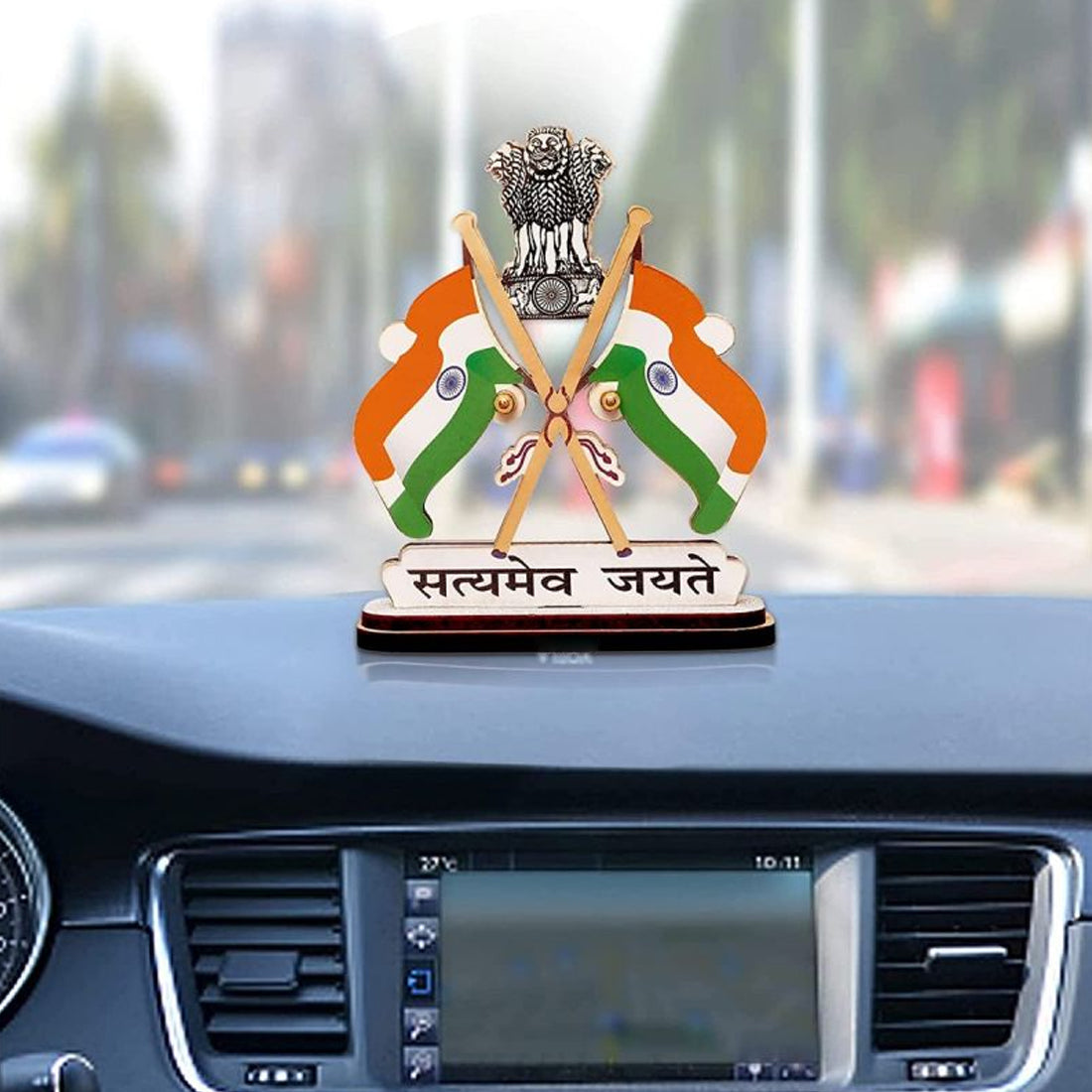 Car Dashboard Brass Indian Flag in Indian Flag Color Suitable for Car Dashboard, Home and Office