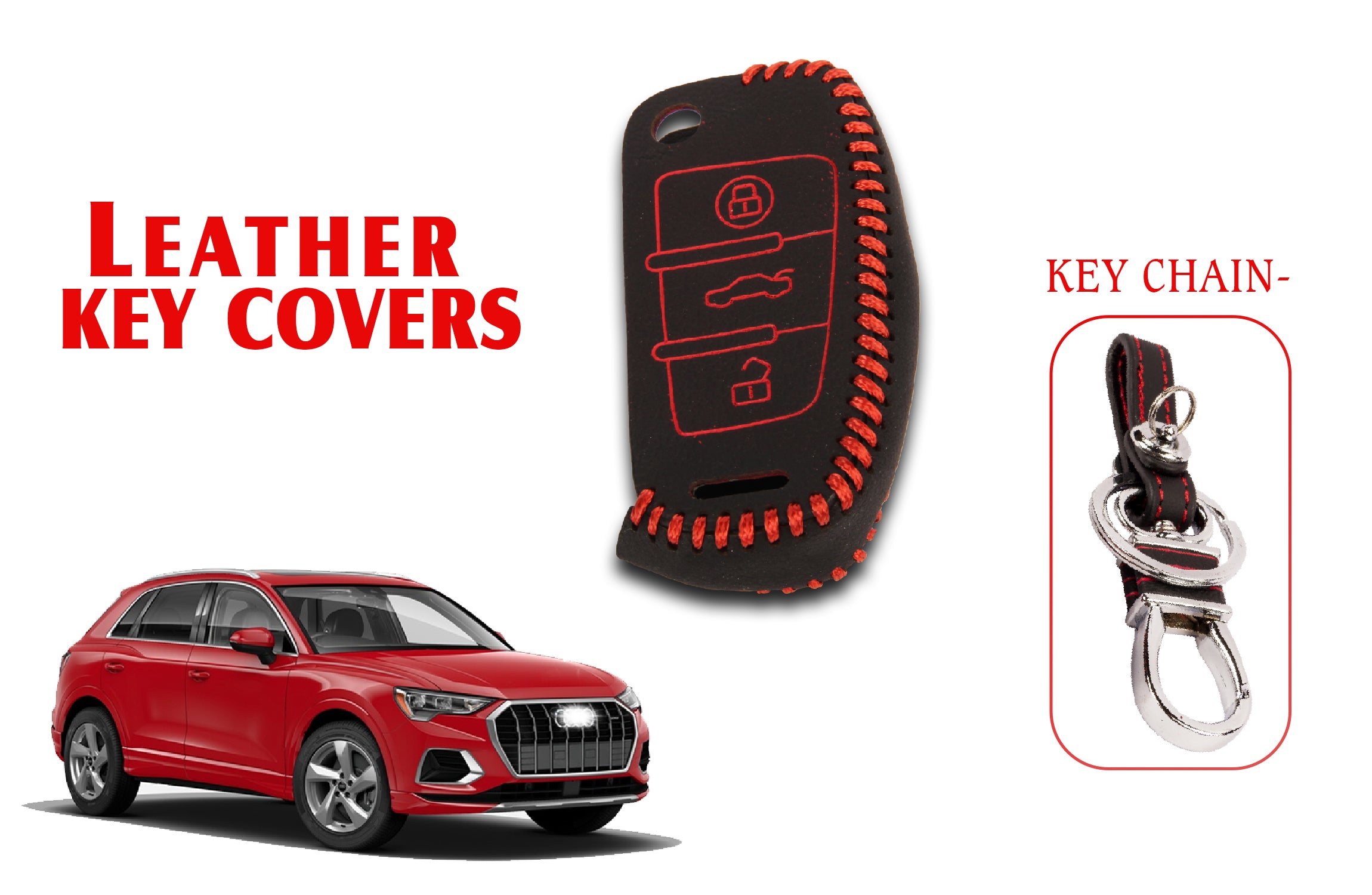 ACTO Leather key cover in Black color With Red Stitches with key chain Compatible With Audi Q3 3 Button