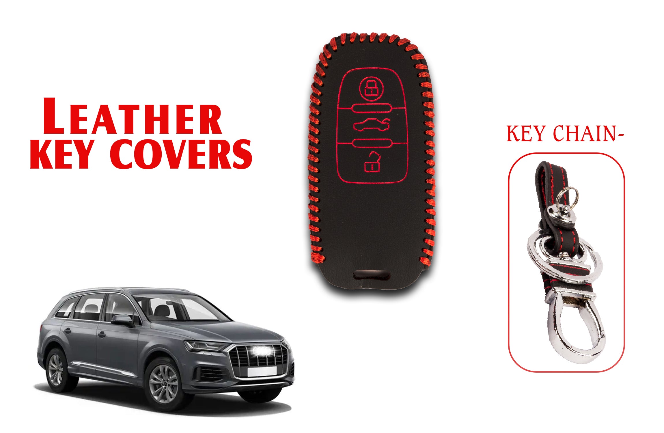 ACTO Leather key cover in Black color With Red Stitches with key chain Compatible With Audi Q7 3 Button