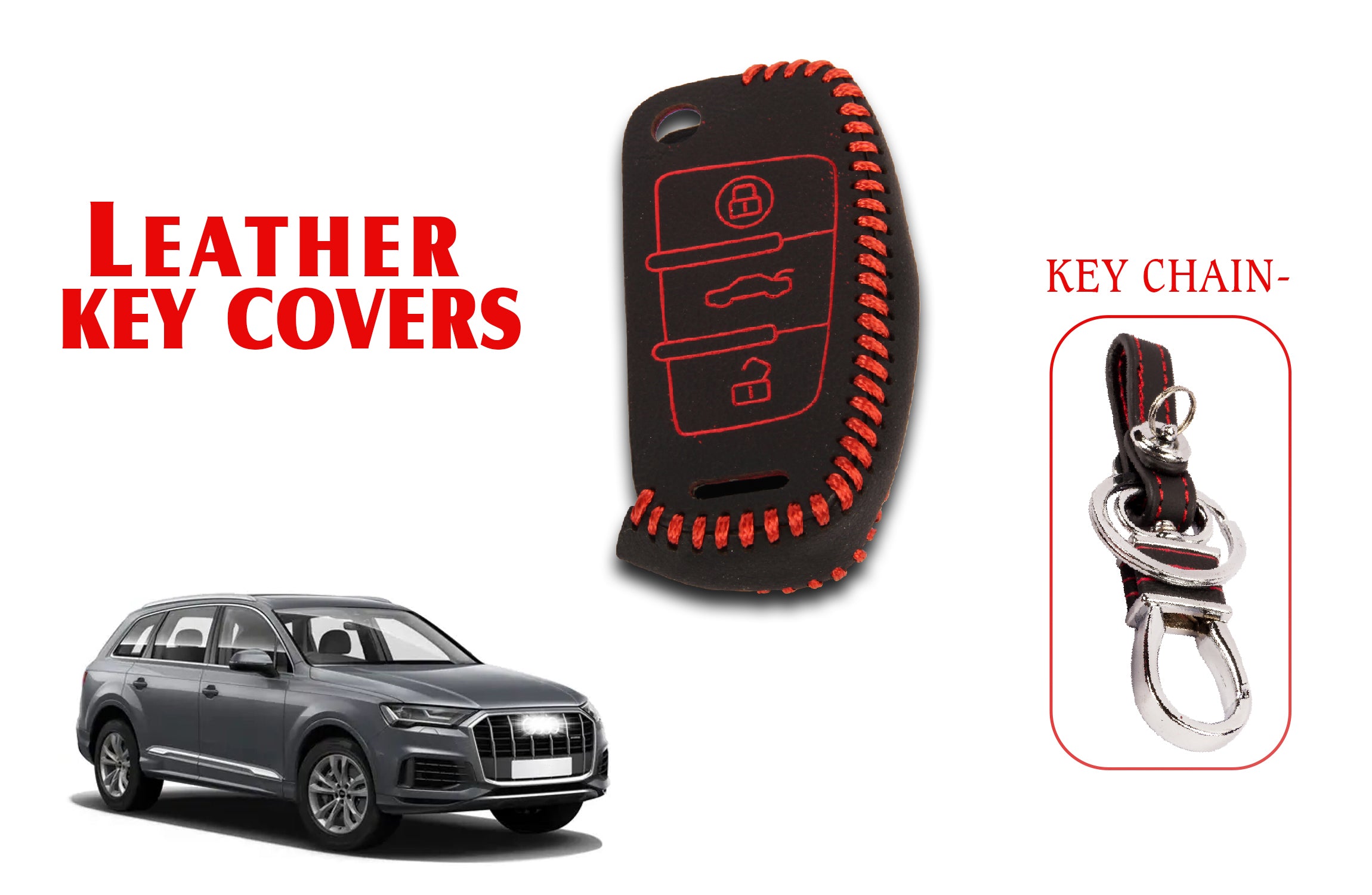ACTO Leather key cover in Black color With Red Stitches with key chain Compatible With Audi Q7 3 Button