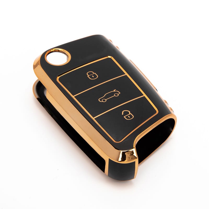 Acto TPU Gold Series Car Key Cover With TPU Gold Key Chain For Skoda Tiguan