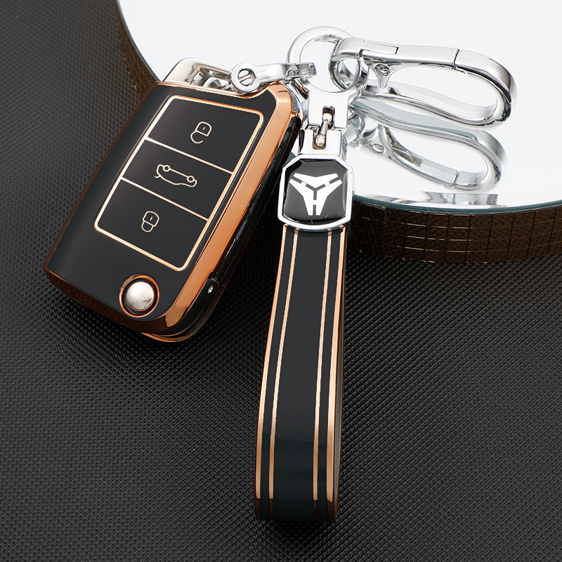 Acto TPU Gold Series Car Key Cover With TPU Gold Key Chain For Skoda Passat