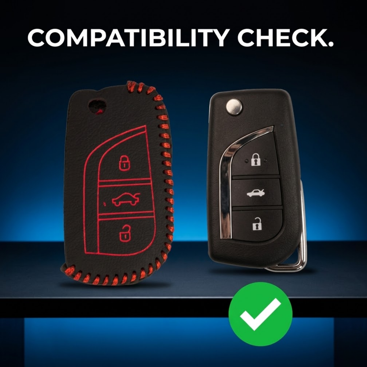 ACTO Leather Car Key Cover with Key Chain Compatible for Toyota Corolla Altis & Innova Crysta (3 Button Flip Key) | Premium Black with Red Stitching | 360° Protection | Stylish Key Case | Pack of 1