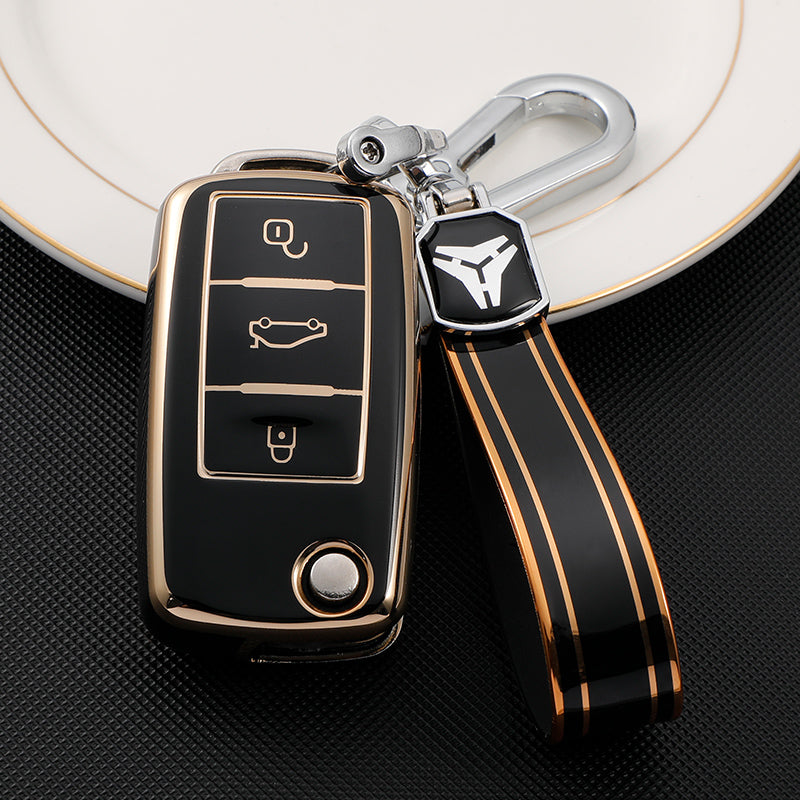 Acto TPU Gold Series Car Key Cover With TPU Gold Key Chain For Volkswagen Polo