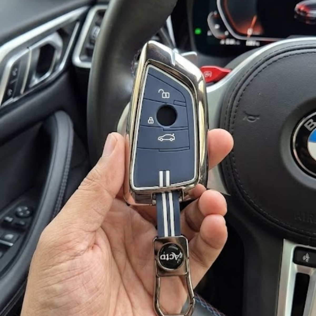 Acto Metal Sapphire Key Cover & Key Chain Compatible with BMW 3 Series, 5 Series, 7 Series, GT Series, M Series & X Series | Premium Metal Smart Key Case | Glow in the Night | 360° Protection | Pack of 1 Set