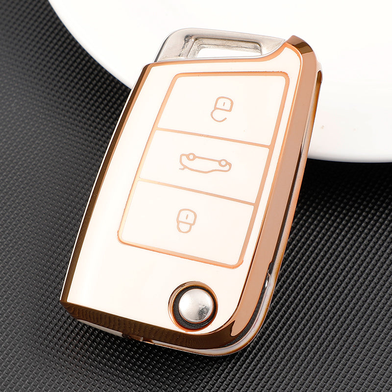 Acto TPU Gold Series Car Key Cover With TPU Gold Key Chain For Skoda Virtus