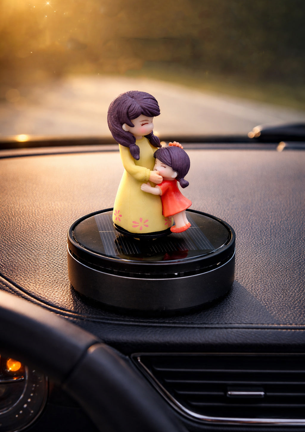 Acto Solar Powered Rotating Parents Mom and Daughter Showpiece with Aroma Diffuser Bottle – Romantic Dashboard & Home Decor