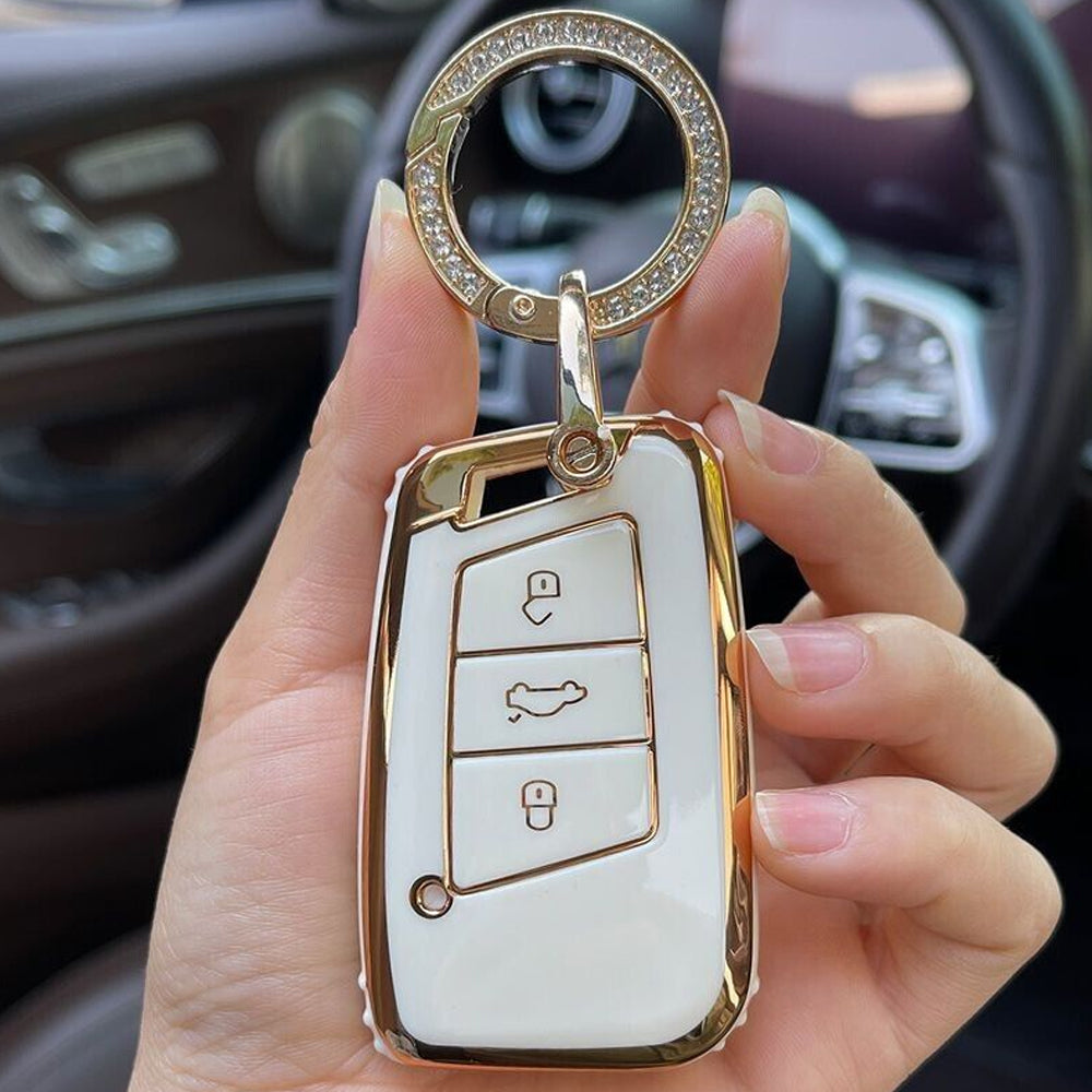 Acto TPU Gold Series Car Key Cover With Diamond Key Ring For Skoda Passat