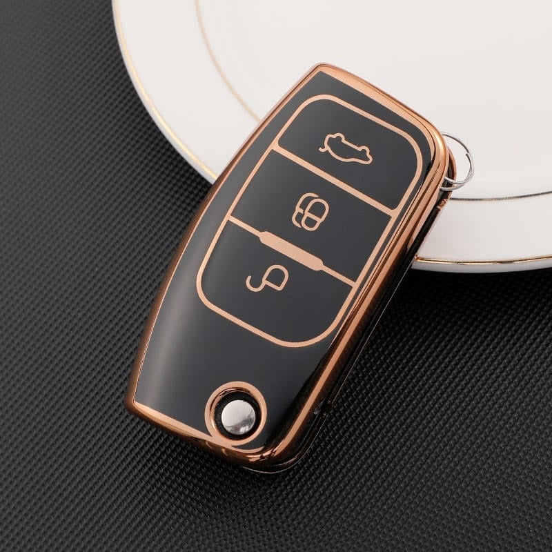 Acto TPU Gold Series Car Key Cover With TPU Gold Key Chain For Ford Ecosport