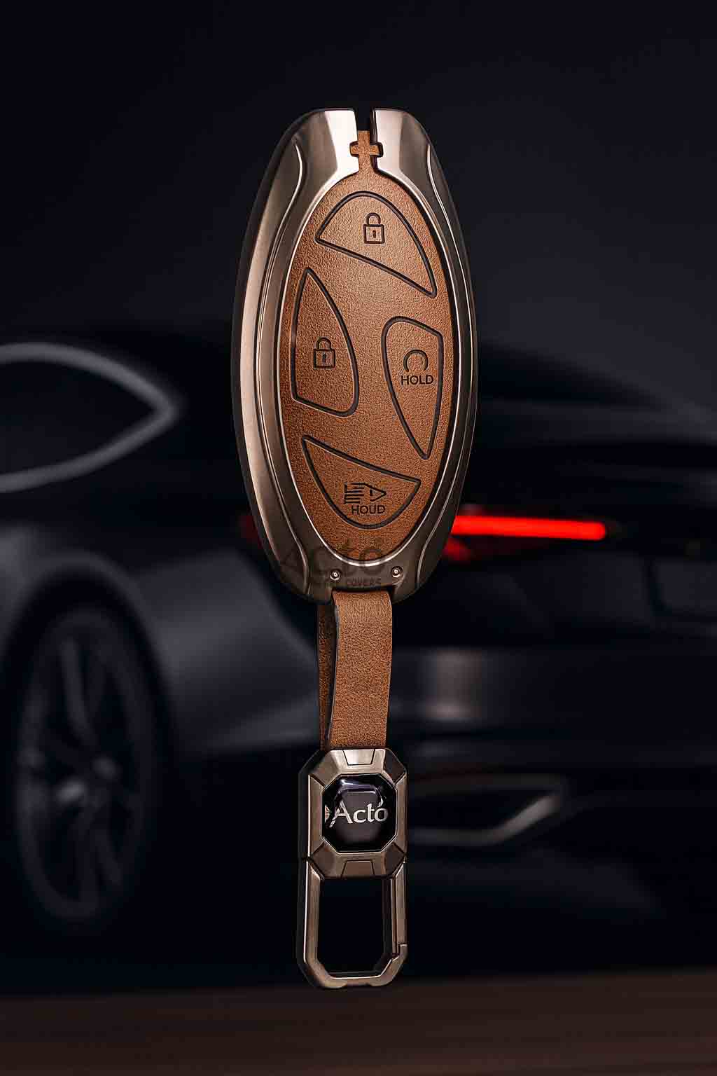 ACTO Metal Leather Car key cover with key chain Compatible with Hyundai Venue 2025+ 4 Button Smart Key Pack of 1 Pcs