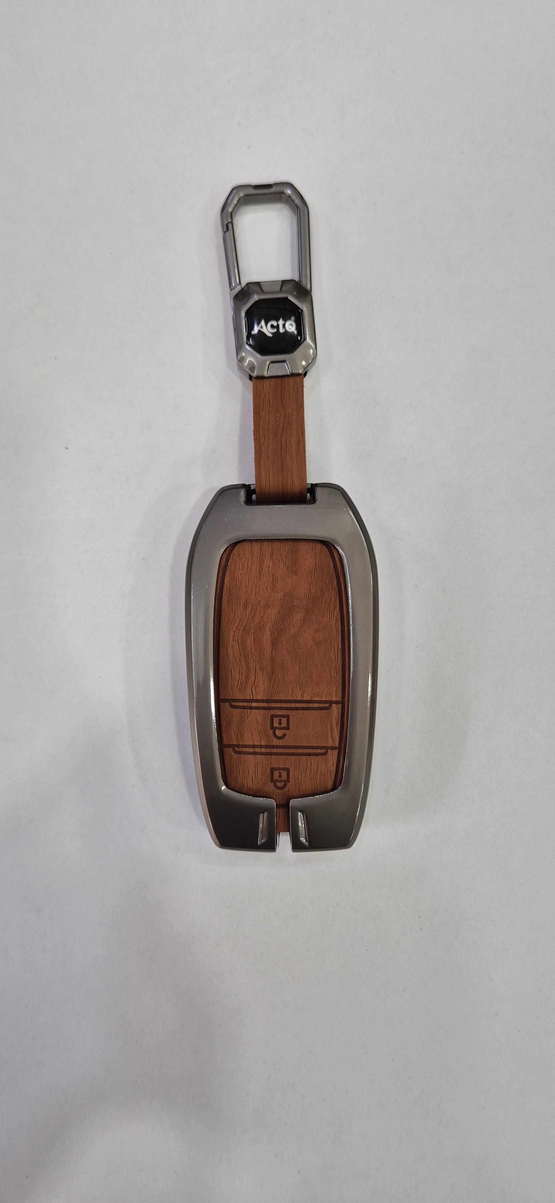 Acto Premium Metal + Leather Key Cover with Wood Grain Finish Compatible with Toyota Crysta, Fortuner | Crysta 3 Button Smart Key Cover Pack of 1 Set