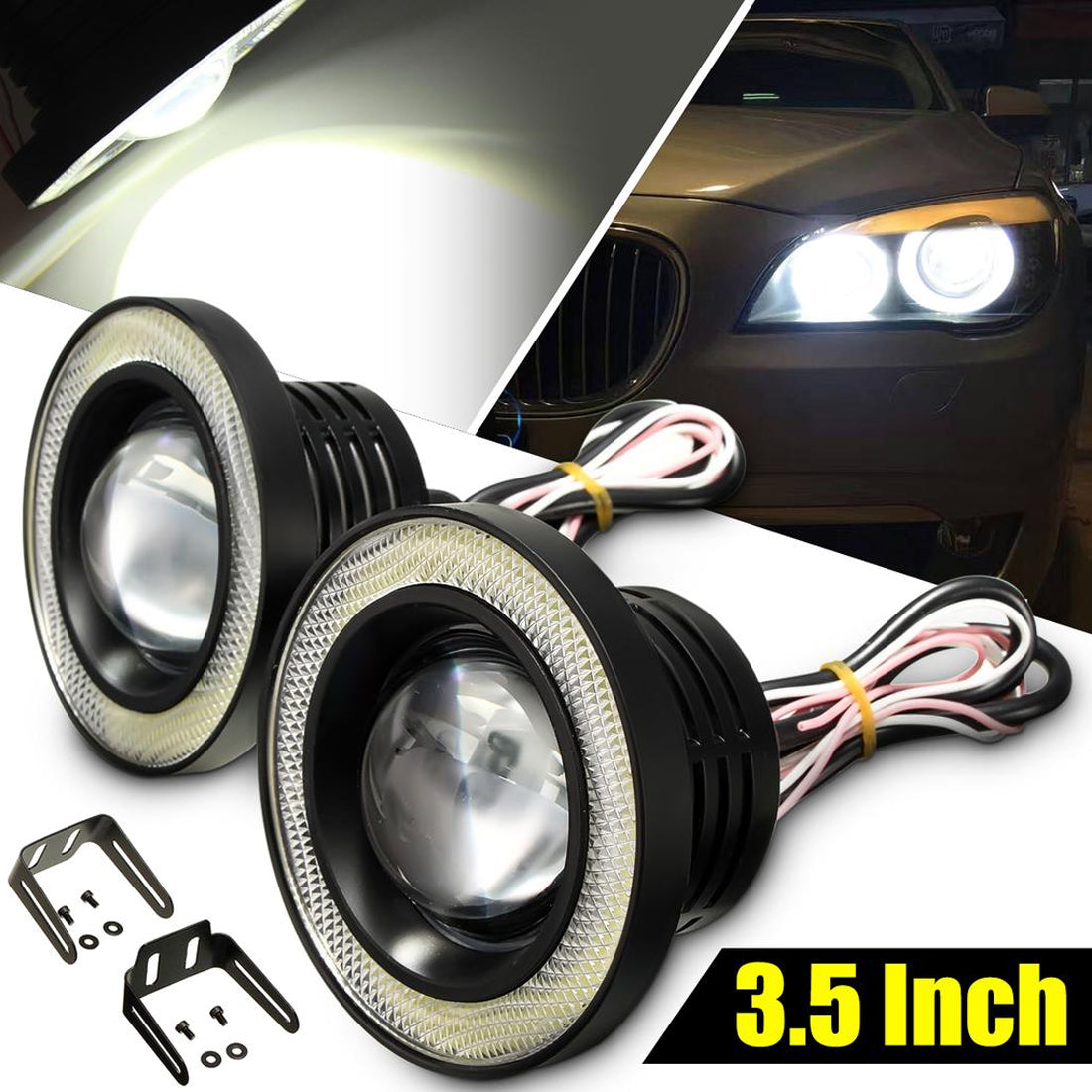 Car Fog Lamp Angel Eye LED DRL Projector Cob Light 89mm set of 2 Pieces