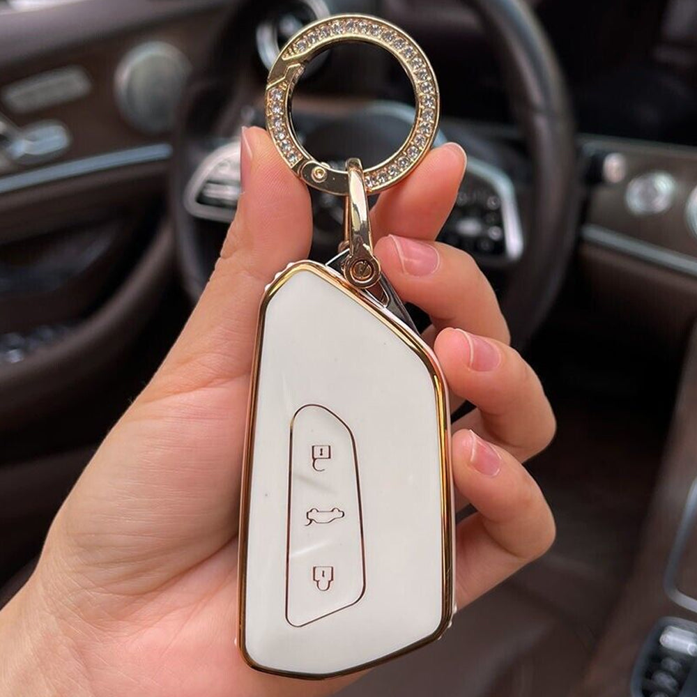 Acto TPU Gold Series Car Key Cover With Diamond Key Ring For Skoda Octavia