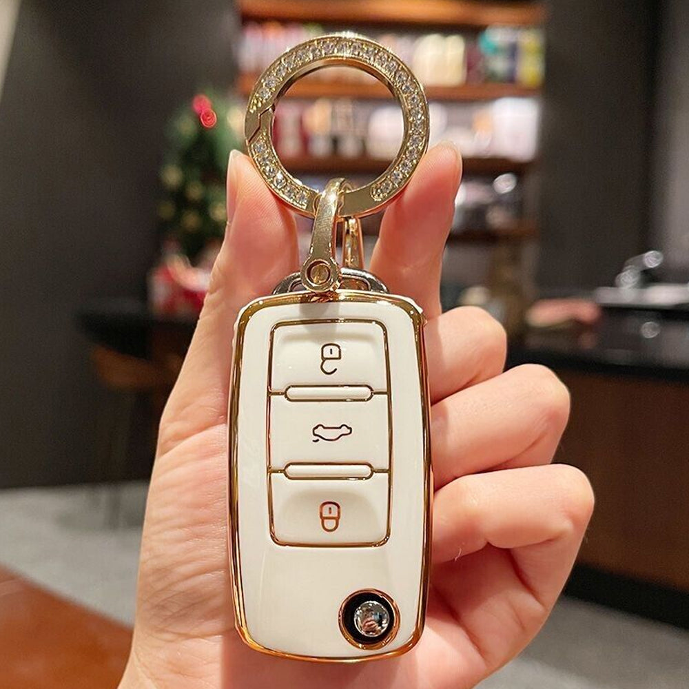 Acto TPU Gold Series Car Key Cover With Diamond Key Ring For Skoda Ameo