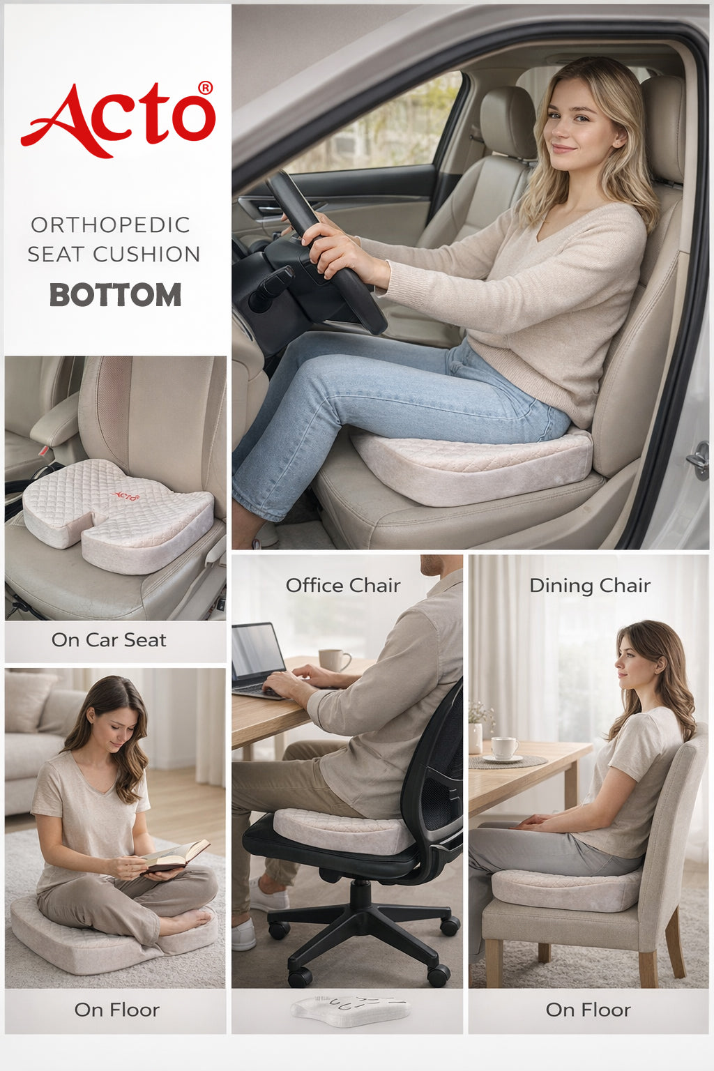 Acto Car Seat Cushion Bottom for Long & Comfortable Drive & Office Seat, Dining Chair, On Floor pack of 1 pcs in black colours