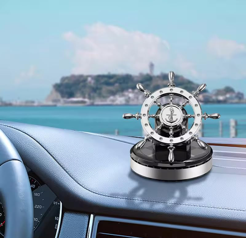 Solar-Powered Car Dashboard Perfume Diffuser with Rotating Ship Wheel Steering Design - Freshen Your Drive in Style