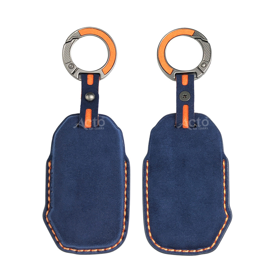 ACTO Alcantra Key Cover and Key Chain in Dashing Blue Cover and Orange Stiching Design Compatible with KIA Sonet 2025 | Seltos 2025 3 Button Smart Key Pack of 1 Set