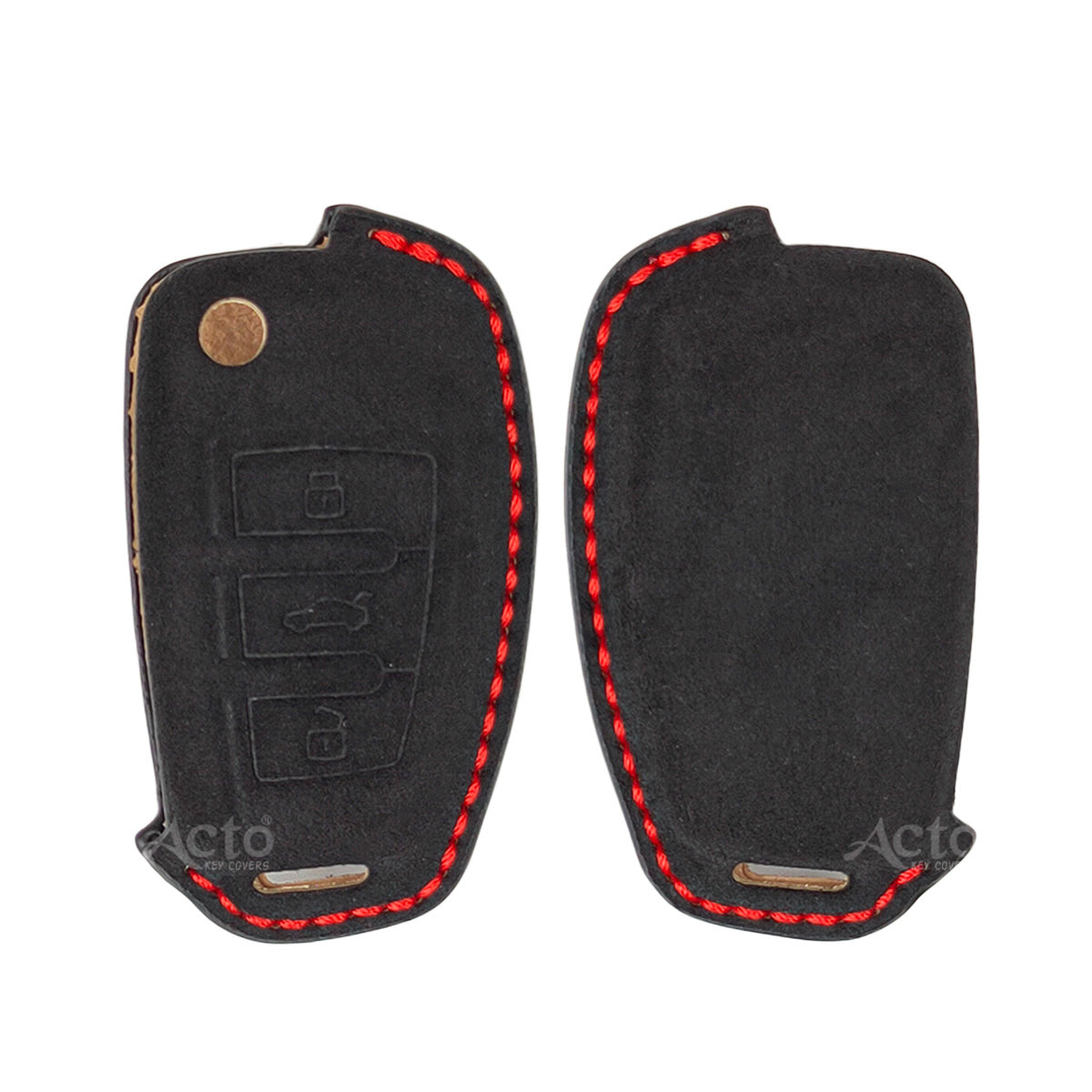 ACTO Alcantra Key Cover and Key Chain in Dashing Black cover and Red Sticking Design Compatible Audi 3 Button Smart Key Pack of 1 Set
