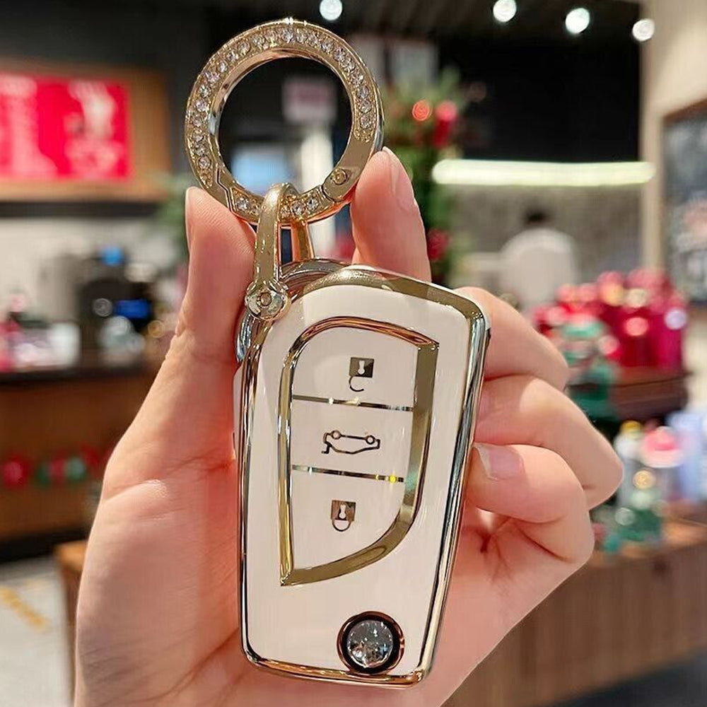 Acto TPU Gold Series Car Key Cover With Diamond Key Ring For Toyota Crysta