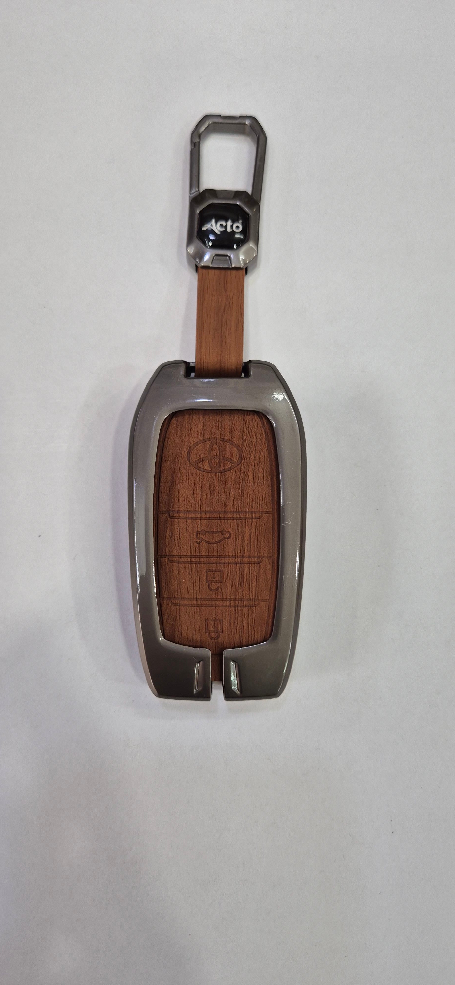 Acto Premium Metal + Leather Key Cover with Wood Grain Finish Compatible with Toyota Crysta, Fortuner | Crysta 3 Button Smart Key Cover Pack of 1 Set