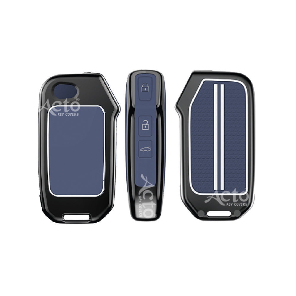 Acto Metal Sapphire Key Cover & Key Chain Compatible with Kia Seltos 2020, Sonet 2020 3 Button Flip Key | Premium Zinc Alloy Case | Glow in the Night Buttons | 360° Full Protection | Luxury Key Fob Cover | Pack of 1 Set