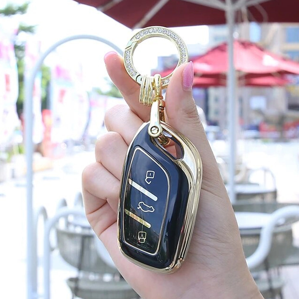 Acto TPU Gold Series Car Key Cover With Diamond Key Ring For MG Astor