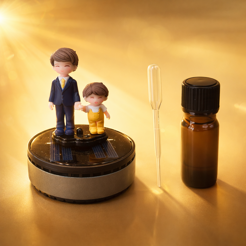 Acto Solar Powered Rotating Parents Dad and Son Showpiece with Aroma Diffuser Bottle – Romantic Dashboard & Home Decor