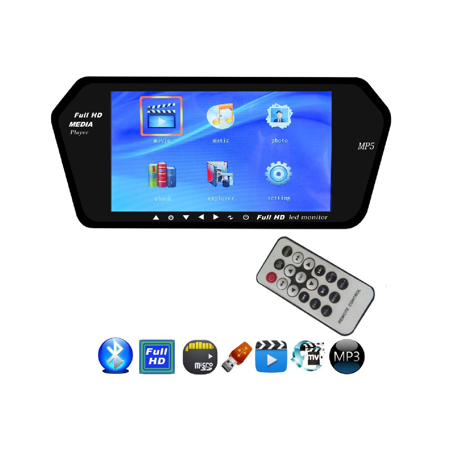 7 Inch Full HD Bluetooth Video Monitor Screen with USB and SD Card Slot