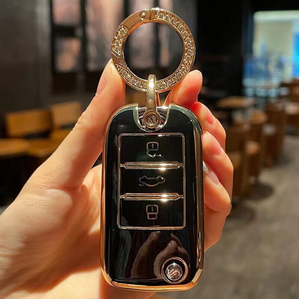 Acto TPU Gold Series Car Key Cover With Diamond Key Ring For MG Hector