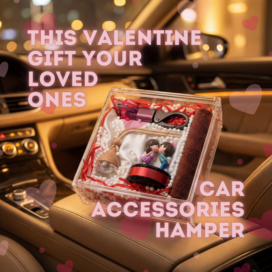 Valentine Gift Hamper | Gift Your Loved One's Special Car Accessories | Rotating Kissing Couple, Hanging Perfume, Ultra Soft Microfibre, Leather Strap Key Chain
