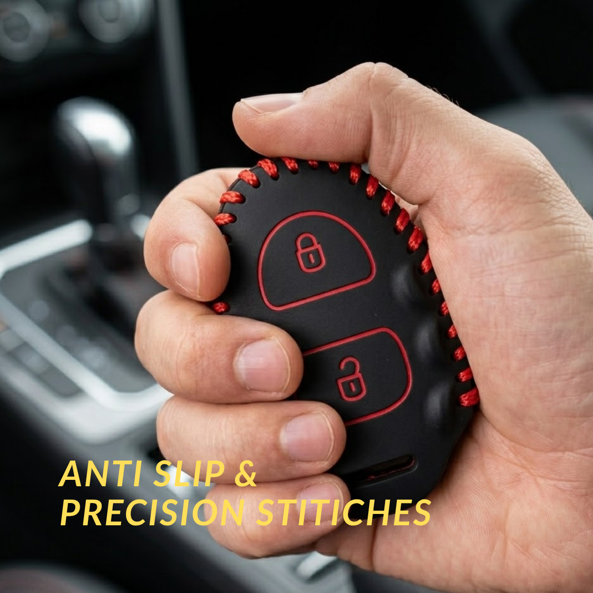 ACTO Leather Car Key Cover with Key Chain Compatible for Toyota Camry, Corolla, Fortuner & Innova (2 Button Remote Key) | Premium Black with Red Stitching | 360° Protection | Stylish Key Case | Pack of 1