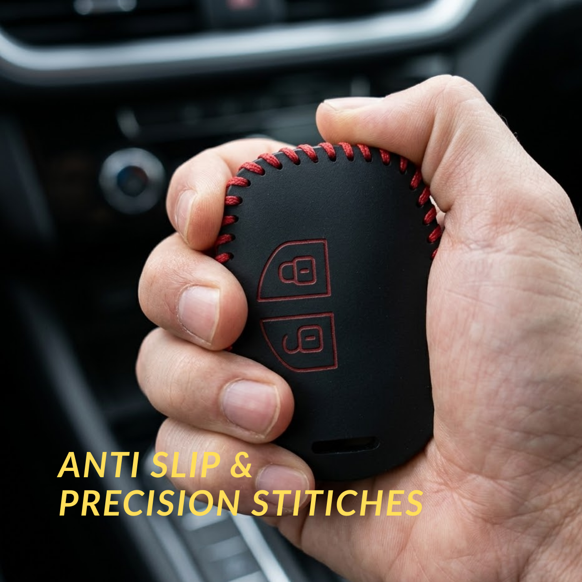 ACTO Leather Car Key Cover with Key Chain Compatible for Maruti Suzuki Alto, Alto K10, Alto 800, Baleno, Brezza, Swift, Celerio, Dzire, Ciaz, Ignis, S-Cross, Ertiga, XL6, S-Presso, Ritz, SX4, WagonR Black with Red Stitching | 360° Protection | Pack of 1