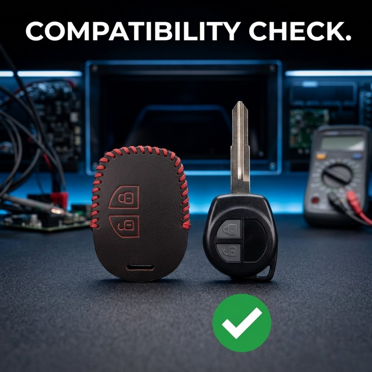 ACTO Leather Car Key Cover with Key Chain Compatible for Maruti Suzuki Alto, Alto K10, Alto 800, Baleno, Brezza, Swift, Celerio, Dzire, Ciaz, Ignis, S-Cross, Ertiga, XL6, S-Presso, Ritz, SX4, WagonR Black with Red Stitching | 360° Protection | Pack of 1