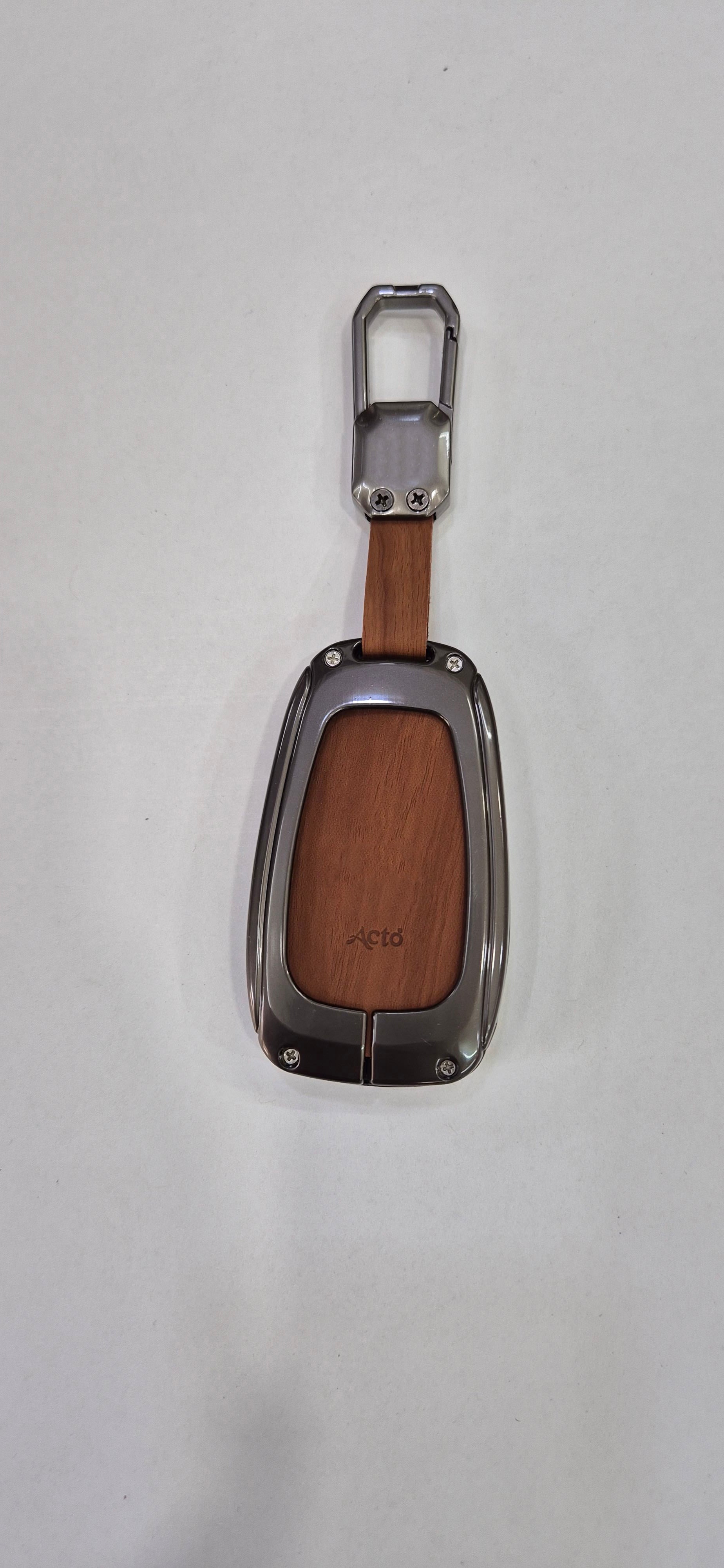 Acto Premium Metal + Leather Key Cover with Wood Grain Finish Compatible with Tata Altroz/ Harrier/ Nexon 4 Button Smart Key Cover Pack of 1 Set
