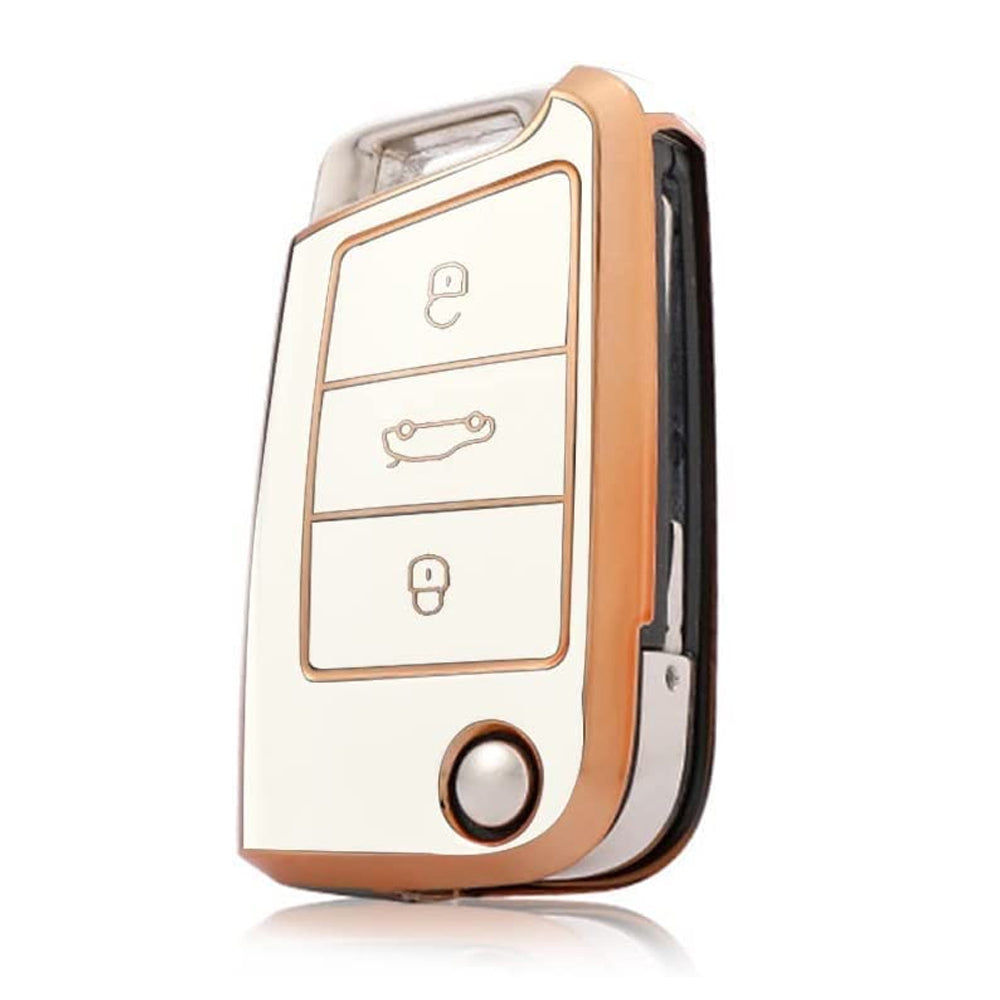 Acto TPU Gold Series Car Key Cover With Diamond Key Ring For Skoda Superb