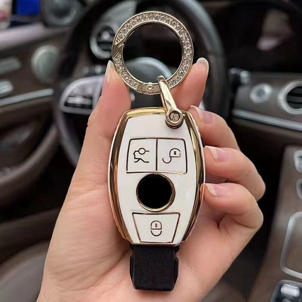 Acto TPU Gold Series Car Key Cover With Diamond Key Ring For Mercedes M-Class