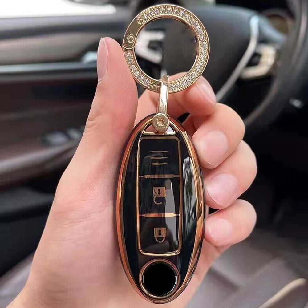 Acto TPU Gold Series Car Key Cover With Diamond Key Ring For Nissan Micra