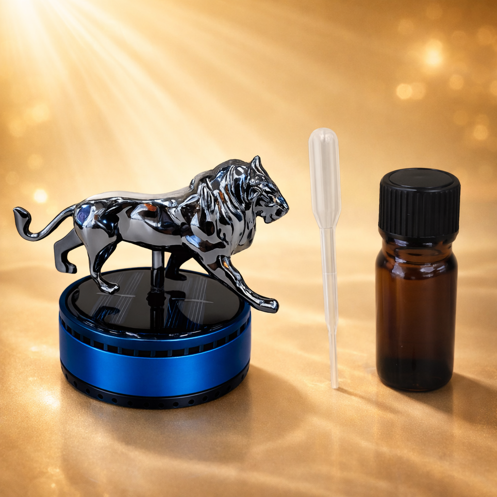 Acto Solar Powered Rotating Lion Showpiece with Aroma Diffuser Bottle – Romantic Dashboard & Home Decor