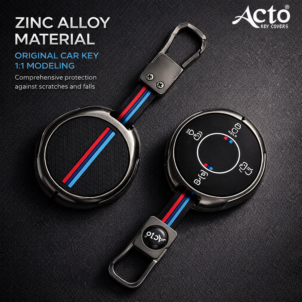 ACTO Metal Silicone Key Cover & Key Chain Compatible with Tata Harrier EV / Safari / Curvv 2025+ Round Smart Key (4 Button) | Premium Zinc Alloy Case | Glow in The Dark Buttons | 360° Protection | Pack of 1