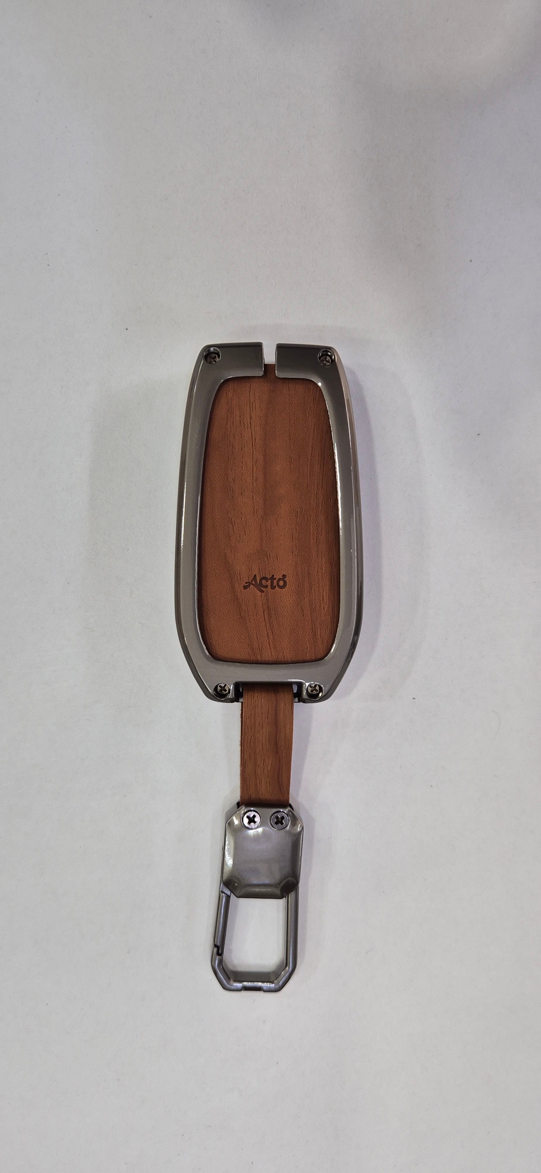 Acto Premium Metal + Leather Key Cover with Wood Grain Finish Compatible with Toyota Crysta, Fortuner | Crysta 3 Button Smart Key Cover Pack of 1 Set