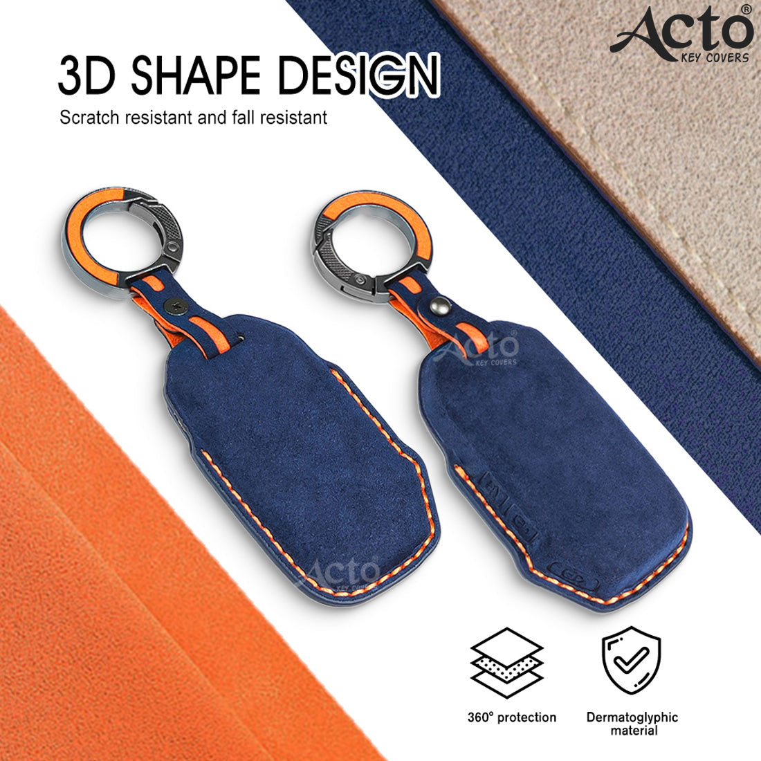 ACTO Alcantra Key Cover and Key Chain in Dashing Blue Cover and Orange Stiching Design Compatible with KIA Sonet 2025 | Seltos 2025 3 Button Smart Key Pack of 1 Set