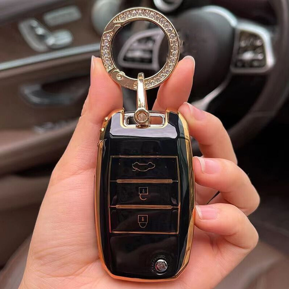 Acto TPU Gold Series Car Key Cover With Diamond Key Ring For Kia Carens