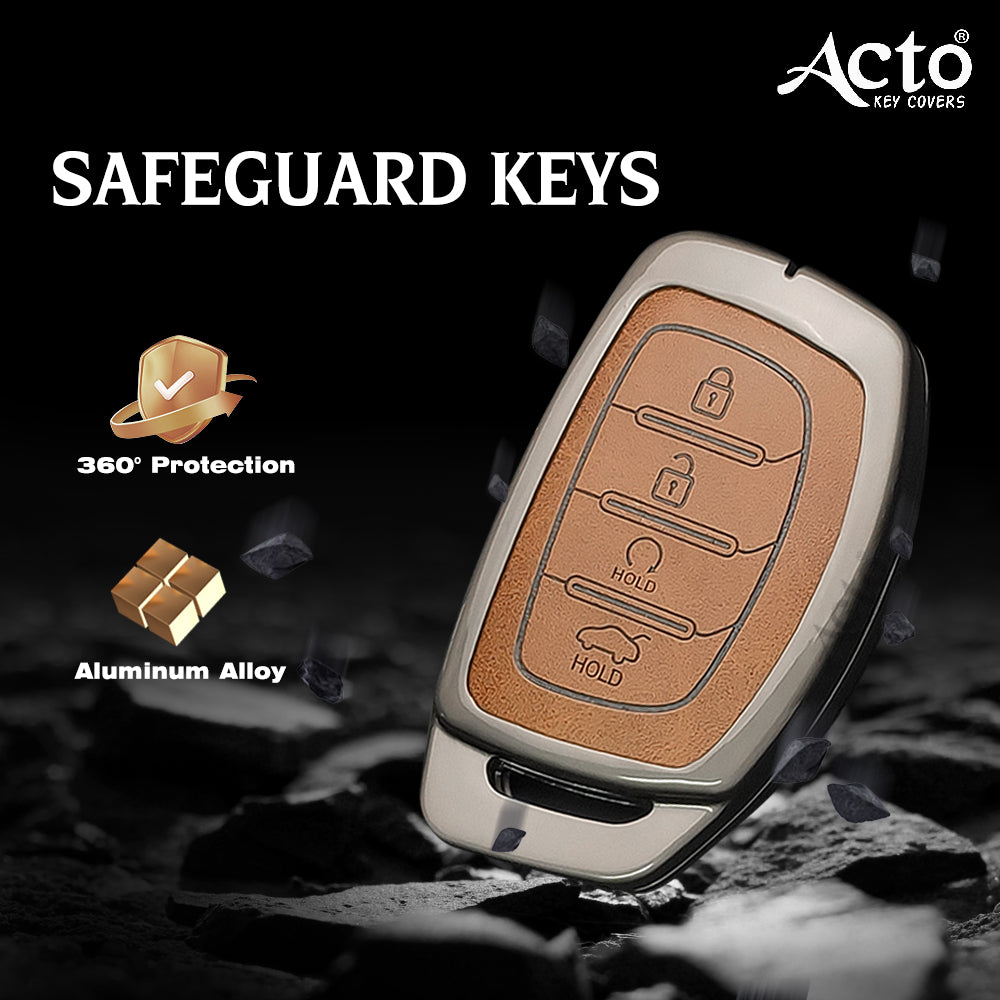 ACTO Metal Leather Car key cover with key chain Compatible With Hyundai Creta 2020