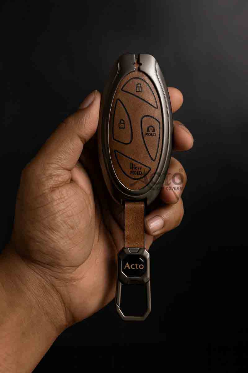 ACTO Metal Leather Car key cover with key chain Compatible with Hyundai Venue 2025+ 4 Button Smart Key Pack of 1 Pcs