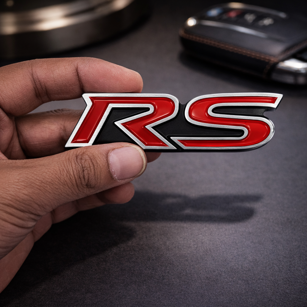 Carsonify 3D Metal RS Car Badge Emblem Sticker | Premium Aluminum Alloy Chrome RS Logo Decal | Self-Adhesive Metallic Badge for Car, Bike & SUV Exterior | Stylish Auto Decoration Accessory