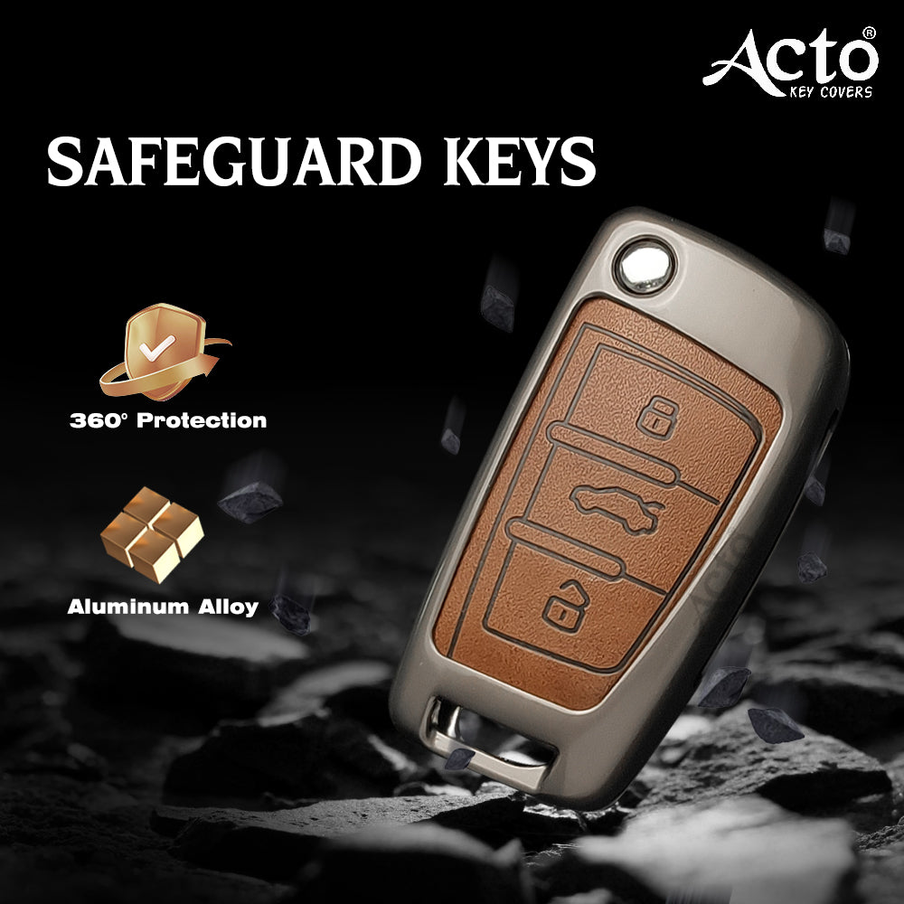 ACTO Metal Leather Car key cover with key chain Compatible With Audi Q5