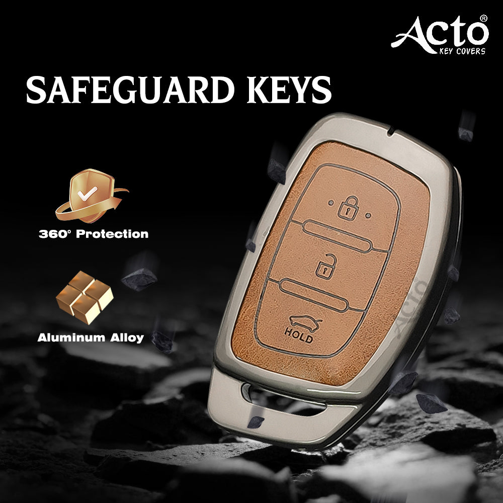 ACTO Metal Leather Car key cover with key chain Compatible With Hyundai