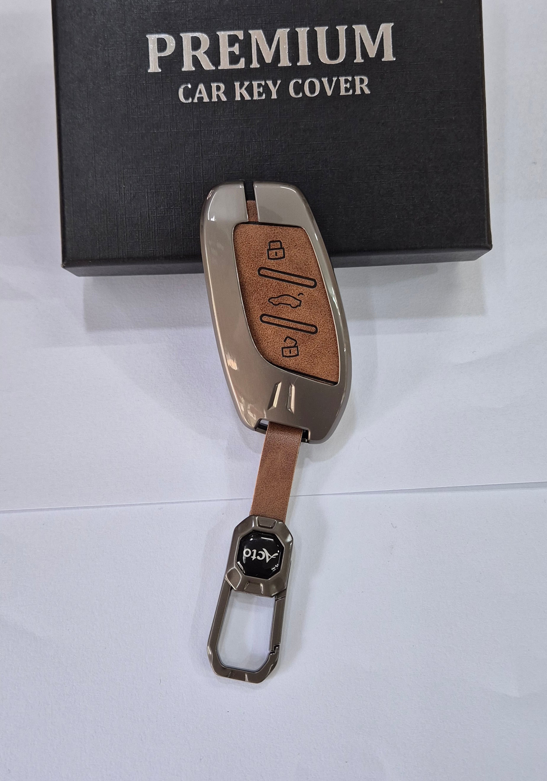 ACTO Metal Leather Car key cover with key chain Compatible With MG