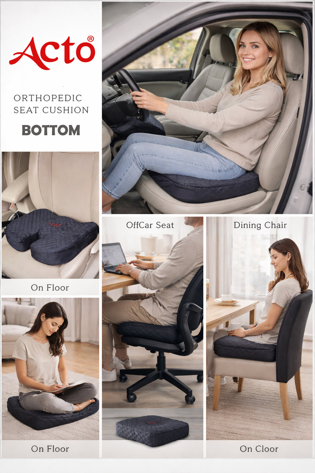 Acto Car Seat Cushion Bottom for Long & Comfortable Drive & Office Seat, Dining Chair, On Floor pack of 1 pcs in black colours