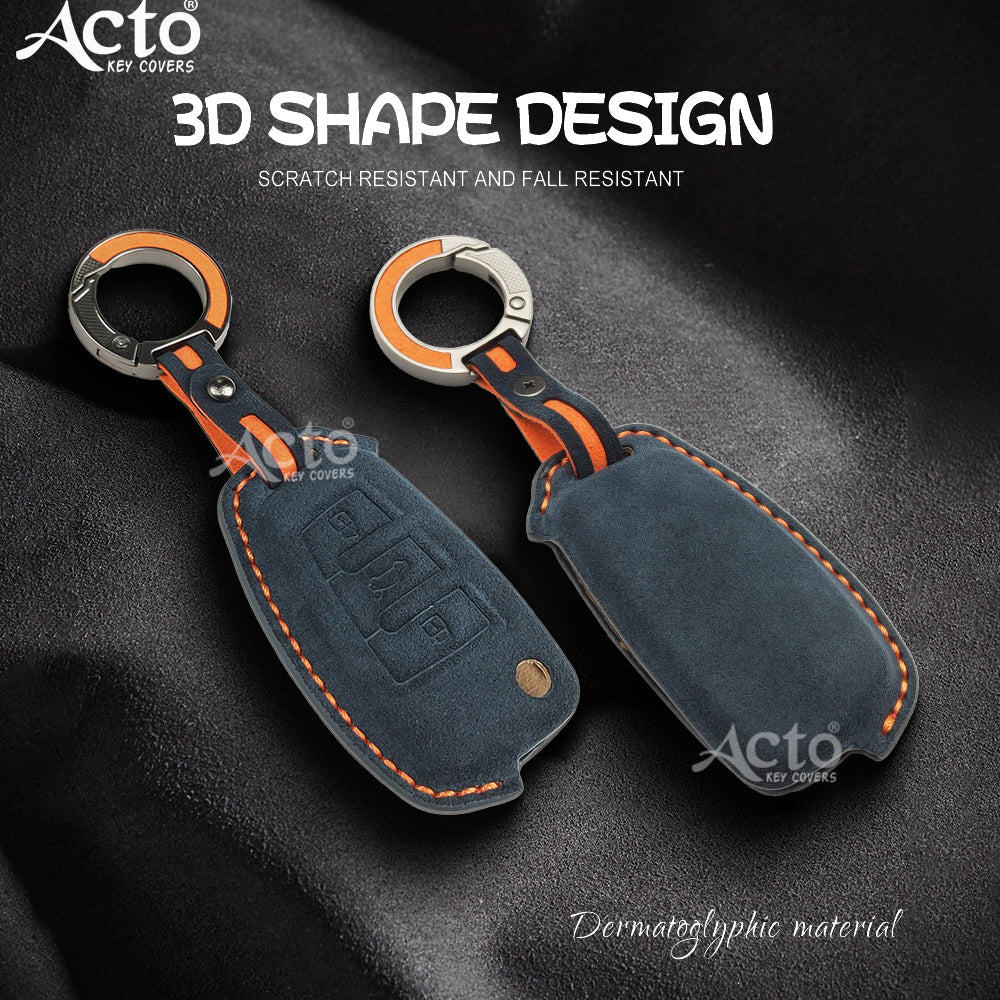 ACTO Alcantra Key Cover and Key Chain in Dashing Blue Cover and Orange Sticking Design Compatible with Audi
